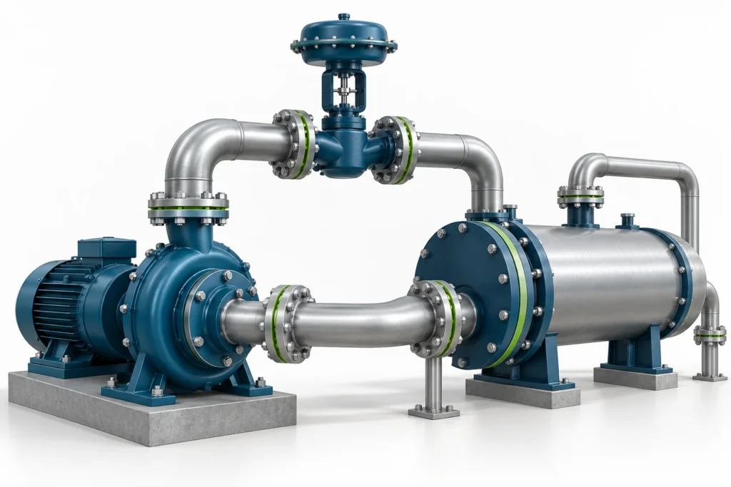 Illustration of industrial flange connections, a pump, a control valve and a heat exchanger